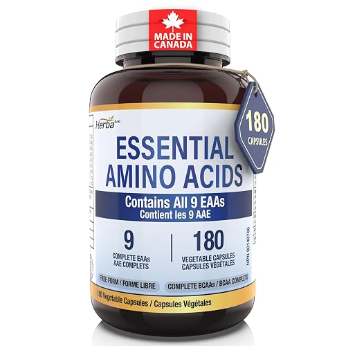 Herba Essential Amino Acids Supplement – 180 Capsules | All 9 EAA Supplement in Free Form - including Complete BCAA | Vegan Friendly | Made in Canada