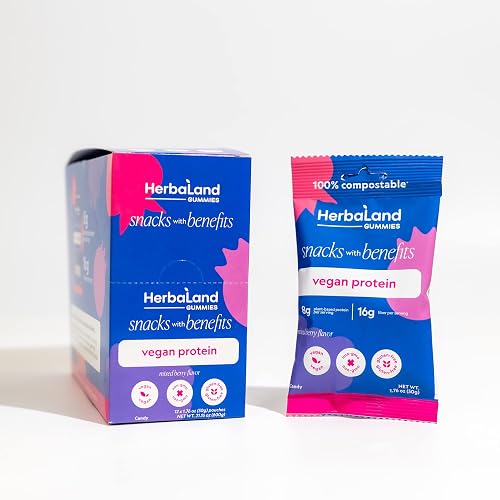 Herbaland Mixed Berry Protein Gummies – Snacks with Benefits – Vegan, Low-Sugar, High-Fiber, Gluten-Free, 8g of Plant-Based Protein & 16g of Organic Tapioca Fiber Per Pouch – Mixed Berry Flavor, New Formula, 12 x 50g (Box of 12), Compostable Pouch