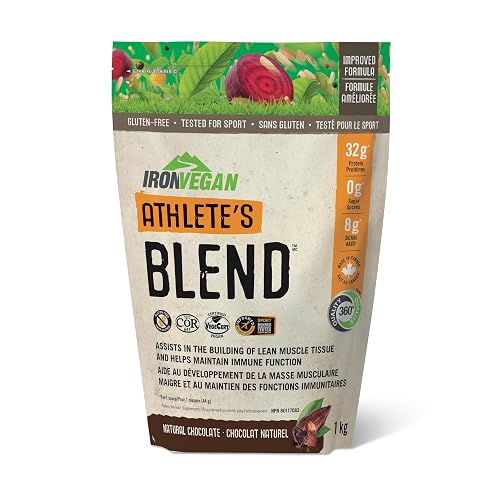 Iron Vegan Athlete's Blend Protein Powder Natural Chocolate, Assists in Building Lean Muscle Tissue. With 32g of Plant Protein and 8g of Vegan BCAAs, Non-GMO, Vegan, Gluten-Free, Canadian-Made, 1kg