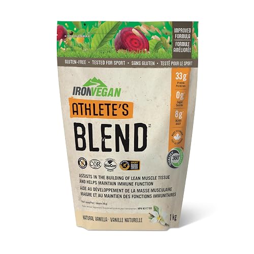 Iron Vegan Athlete's Blend Protein Powder Natural Vanilla, Assists in Building Lean Muscle Tissue. With 33g of Plant Protein and 8g of Vegan BCAAs, Non-GMO, Vegan, Gluten-Free, Canadian-Made, 1kg