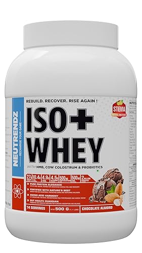 ISO+ Whey Isolate Protein Powder 27g | Protein, 10.4g EAAs, 4.9g BCAAs | With HMB, Colostrum & Probiotics | Zero Sugar | Fast Absorption | Muscle Recovery Formula (500g, Chocolate Almond)