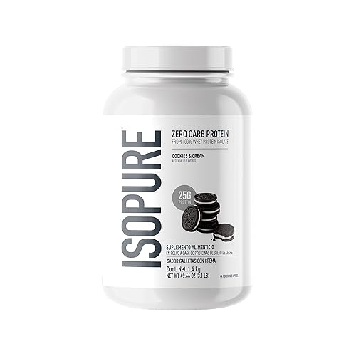 Isopure Zero Carb 100% Pure Whey Isolate Protein Powder, Lactose Free, Gluten Free, With Vitamins, Cookies & Cream, 25g Protein Per Serving, 3 Pounds, 44 Servings