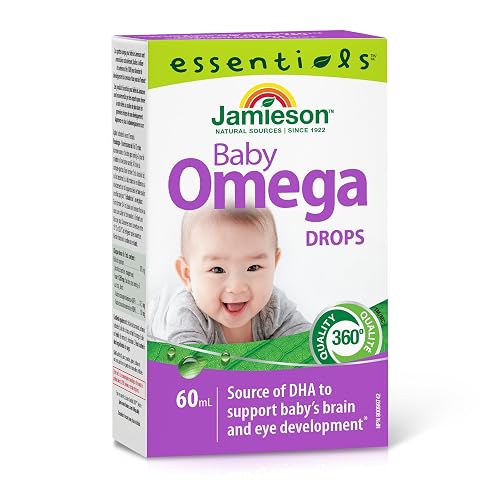 Jamieson Baby Omega-3 Drops, with EPA and DHA, Proudly Canadian, Supports Brain and Eye Development. Naturally Flavoured, No Gluten, Artificial Colours, Flavours, or Preservatives, 60 mL