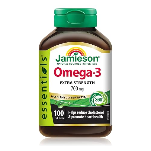 Jamieson Extra Strength Omega-3 700 mg, No Fishy Aftertaste, Supports Heart, Brain, and Eye Health, Arthritis Support. With EPA and DHA, Non-GMO, Gluten-Free, 100 Softgels, Proudly Canadian