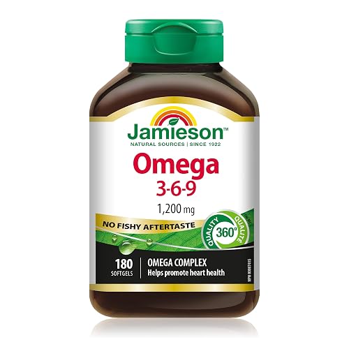 Jamieson Omega-3-6-9 1,200 mg, No Fishy Aftertaste, Fish Oil, Borage Oil, and Flaxseed Oil. Supports Heart and Brain Health, with EPA, DHA, and ALA, Non-GMO, Gluten-Free, 180 Softgels, Proudly Canadian