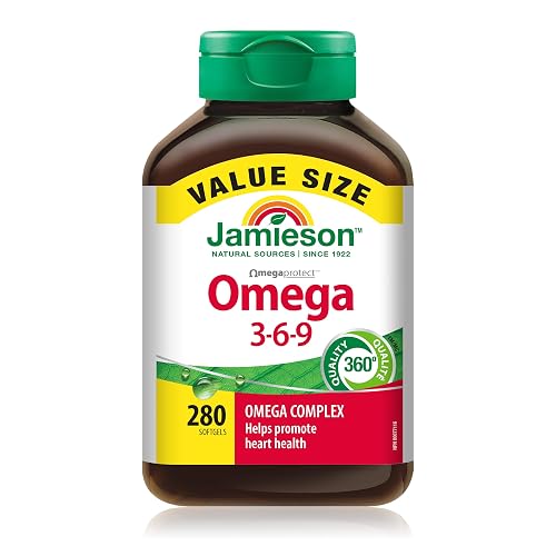 Jamieson Omega 3-6-9 Softgels, Value Size, with Fish Oil, Borage Oil, Flaxseed Oil, Providing EPA, DHA, and ALA. Supports Heart and Brain Health, 280 Count, Proudly Canadian