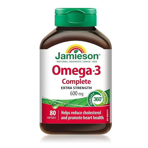 Jamieson Omega-3 Extra Strength Complete 600 mg, Supports Brain and Heart Health, and Mood Balance. With EPA and DHA, Non-GMO, Gluten-Free, 80 Softgels, Proudly Canadian
