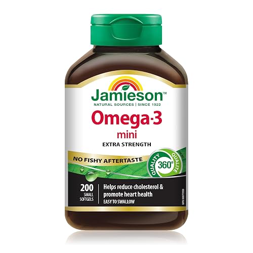 Jamieson Omega-3 Mini Softgels, No Fishy Aftertaste, Improves Heart Health, and Supports Brain Health. With 210 mg EPA and 140 mg DHA, No Burpback, Easy to Swallow, Gluten-Free, Non-GMO, 200 Count