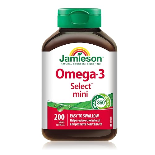 Jamieson Omega-3 Select Mini Softgels, Easy to Swallow, Supports Brain and Heart Health, and Helps Reduce Cholesterol. With EPA and DHA, Non-GMO, Gluten-Free, 200 Count, Proudly Canadian