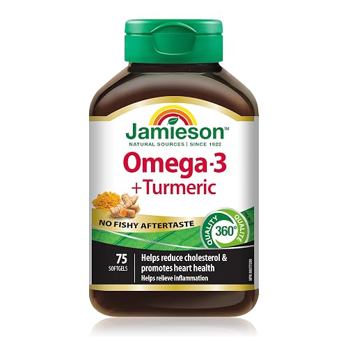 Jamieson Omega-3 + Turmeric Softgels, No Fishy Aftertaste, Supports Heart, Brain, and Joint Health. Fish Oil, Reduces Cholesterol and Inflammation, with EPA and DHA, Gluten-Free, 75 Count, Proudly Canadian