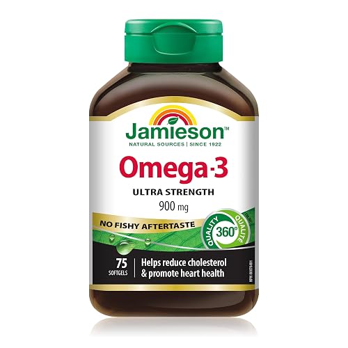 Jamieson Ultra-Strength Omega-3 900 mg, No Fishy Aftertaste, Supports Heart, Brain, and Eye Health, Arthritis Support. High Potency, with EPA and DHA, Non-GMO, Gluten-Free, 75 Softgels, Proudly Canadian