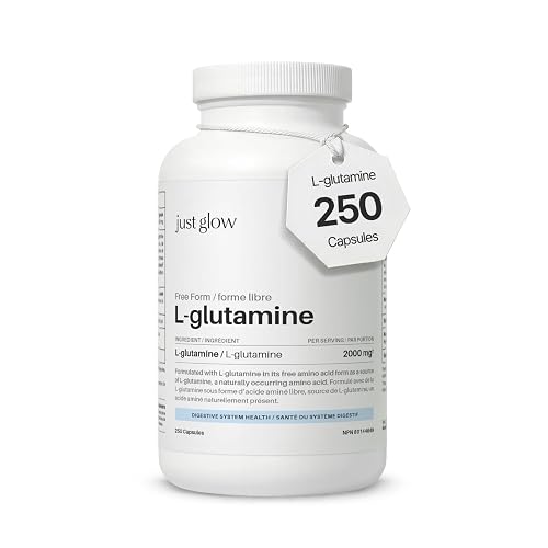 Just Glow L-Glutamine Capsules 500mg, 250 Veg Capsules, 2,000mg Per Serving (4 Capsules), Free Form L Glutamine Supplement 60 Servings, Made in Canada