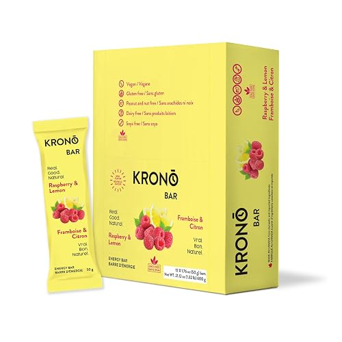 Krono Nutrition Energy Bar - Made with Natural Ingredients - Vegan - Gluten Free - Nuts Free - Soy Free - 50 gram per bars, 12 count (Raspberry & Lemon)