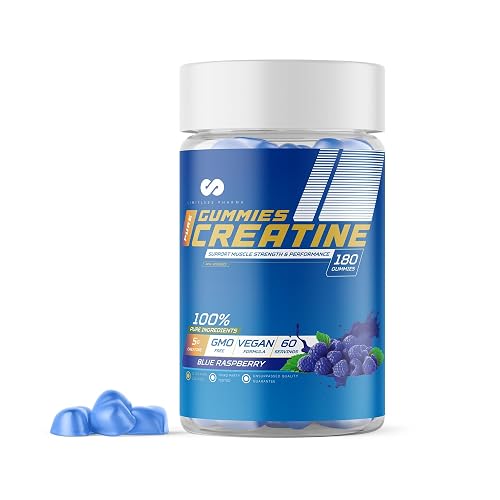 Limitless Pharma Pure Creatine Gummies | 5g Creatine Monohydrate | Increases Muscle Strength, Endurance & Performance | Low Sugar, GMO Free, Vegan | 60 Servings, 180 Gummies (Blue Raspberry)
