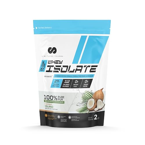 Limitless Pharma Pure Whey Isolate | High Protein Whey Isolate Powder | 27g Protein, 6g BCAAs, Sugar Free, Gluten Free, Low Carb, Low Lactose | 30 Servings, 2LB (Coconut Island)