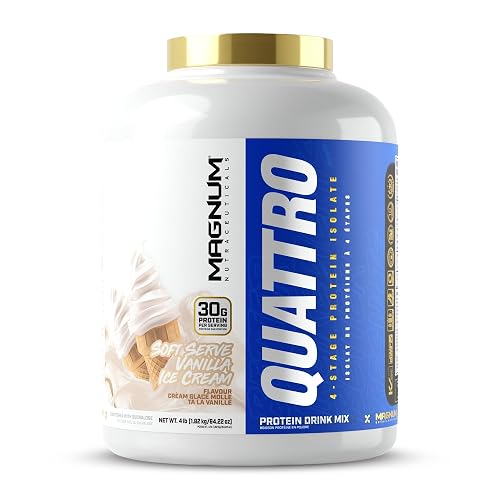 Magnum QUATTRO Whey Protein Powder | 30g Timed-Release Protein | 4-Isolate Blend — Whey Isolate, Hydrolyzed Whey, Micellar Casein, Milk Isolate | Low Carb, Low Fat, Gluten Free, Dye Free | 4LB (Soft Serve Vanilla Ice Cream)