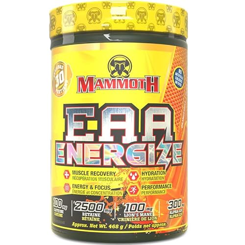 Mammoth EAA Energize – 8655mg EAAs with 6g BCAAs, Energy & Focus Amino Supplement – Betaine, Caffeine, B-Vitamins, Nootropics & Electrolytes – Muscle Recovery, Hydration & Performance Booster (30 Serve, Orangsicle)