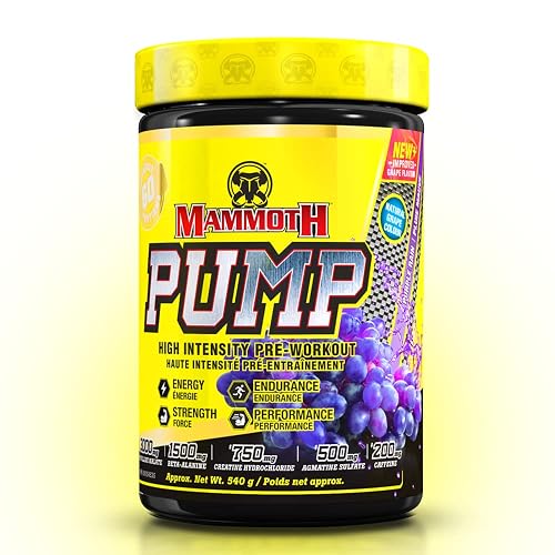 MAMMOTH PUMP – Pre Workout Powder, Superior Muscle Pumps, Increase Strength & Endurance, Explosive Power & Energy Supplement, Heightened Focus, Quick Recovery, Reduced Soreness (60 Serves, Purple Rain Grape)