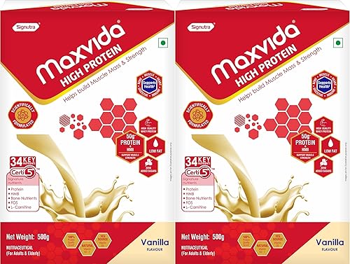 Maxvida High Protein to help build Muscle mass and strength in Adults & Elderly (500g, Vanilla Flavored)-Pack of 2