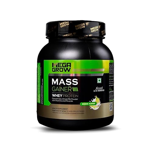 Megagrow Mass Gainer Whey Protein Powder 1Kg – 384.5 Kcal, 22.81g Protein, 9g Carbs – High-Calorie Muscle Mass Gainer for Weight Gain, Size & Strength – Banana Flavour for Men & Women