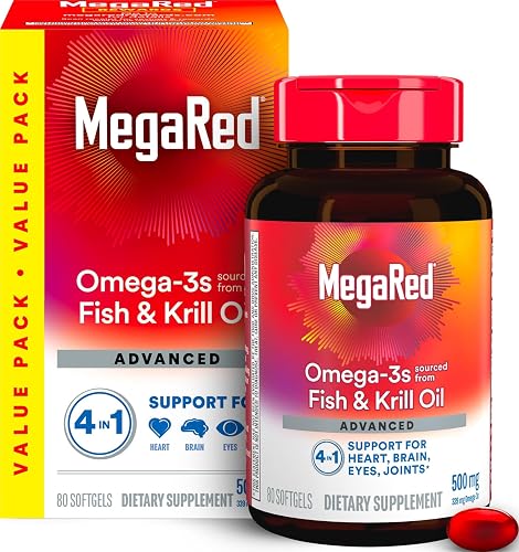 MegaRed Omega 3 Fish Oil & Antarctic Krill Oil Softgels for Brain, Heart, Joints & Eye Support, (80 Count Bottle), Concentrated Omega 3 Fatty Acid Supplement with EPA, DHA, Phospholipids
