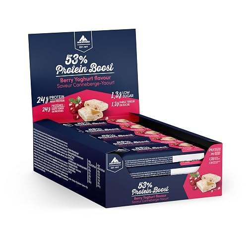 Multipower 53% Protein Boost Bar, High-Protein Low-Sugar Snack, Compact Format, Individually Wrapped, Ideal for Everyday Fitness Nutrition and Consistent Energy Support – Berry Yoghurt – 20 × 45g