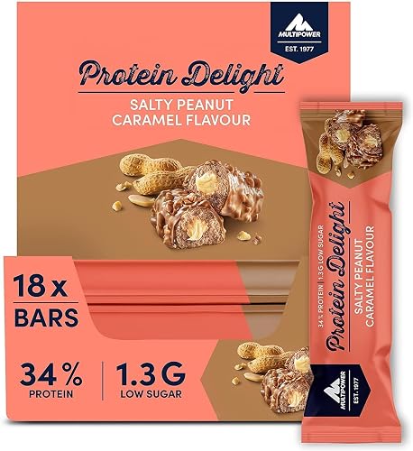 Multipower Protein Delight Bar, High-Protein Snack, Compact Format, Individually Wrapped, Ideal for Convenient Everyday Nutrition and Fitness Support – Salty Peanut Caramel – 18 × 35g