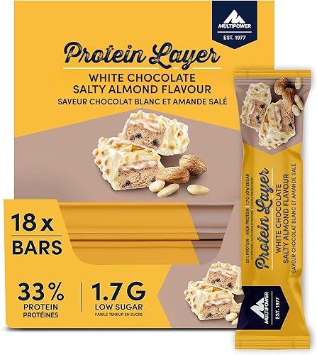 Multipower Protein Layer Bar, High-Protein Multi-Layer Snack, Compact Format, Individually Wrapped, Ideal for Everyday Nutrition and Fitness Performance – White Chocolate Salty Almond – 18 × 50g