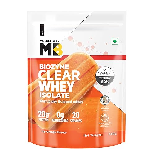 MuscleBlaze Biozyme Clear Whey Protein Isolate | 20g Protein, 92 Calories, Zero Added Sugar (Icy Orange Flavour, 20 Servings)