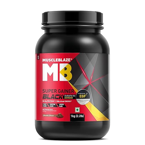 MuscleBlaze Super Gainer Black, Chocolate (10 Servings, 1kg / 2.2lbs) | 12g Protein, 78.95g Carbs Per Scoop | Enhanced Gaining Formula - Appetite, Digestion & Testo Blend Powder.