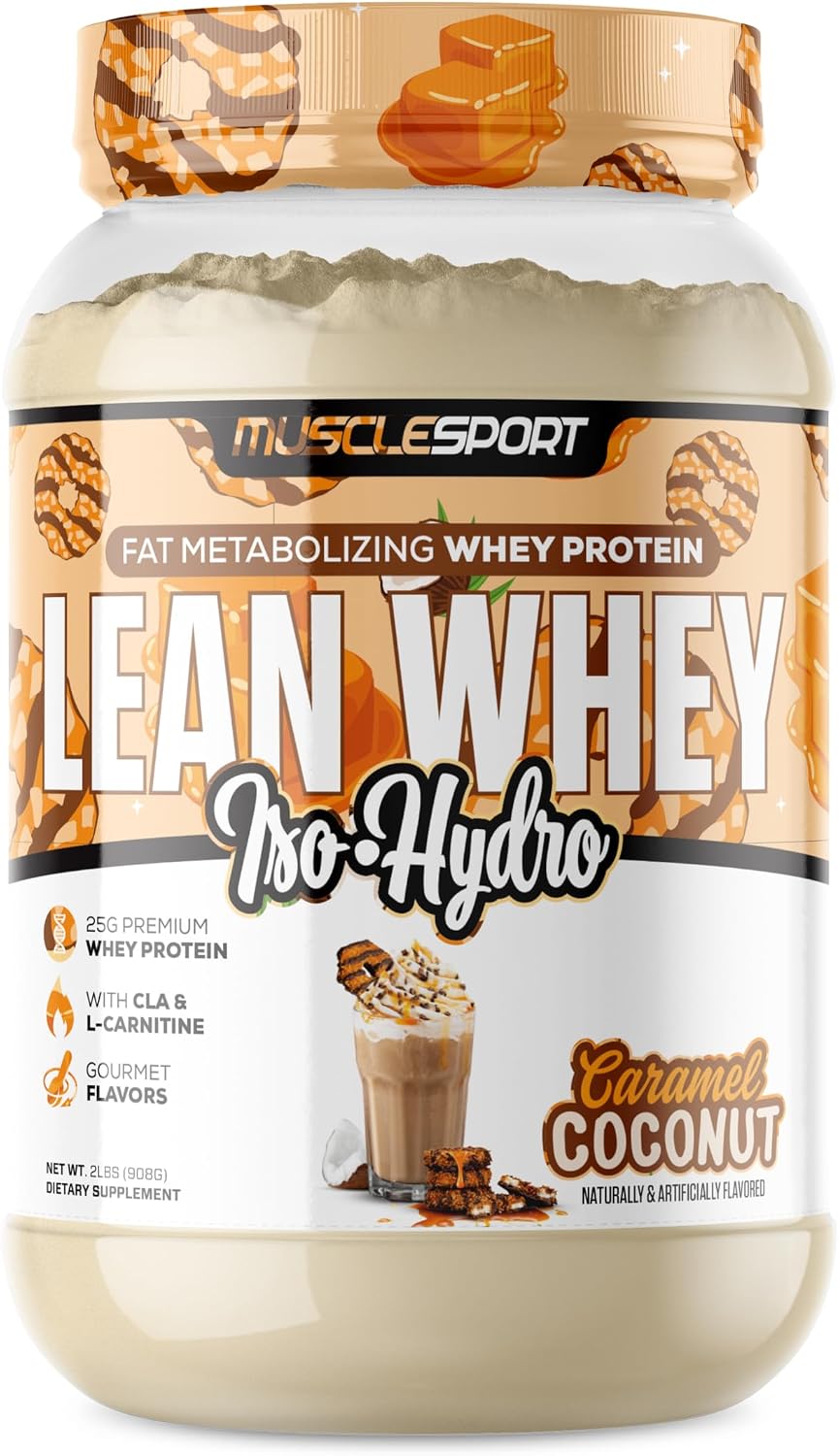 MuscleSport Lean Whey Protein Powder - Whey Protein Isolate - Low Calorie, Low Carb, Low Fat, Incredible Flavors - 25g Protein per Scoop - 2lb Caramel Coconut