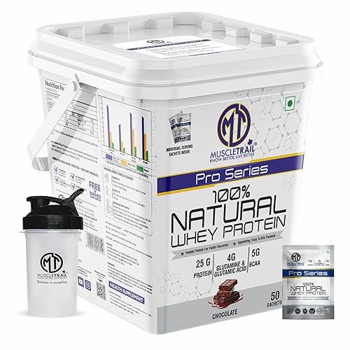 MuscleTrail Pro Series Whey Protein, 50 Pouches, 25g Protein, Isolate Source, Low Carb, 4g Glutamine & Glutamic Acid, 5g BCAA, (1.79Kg, Chocolate)