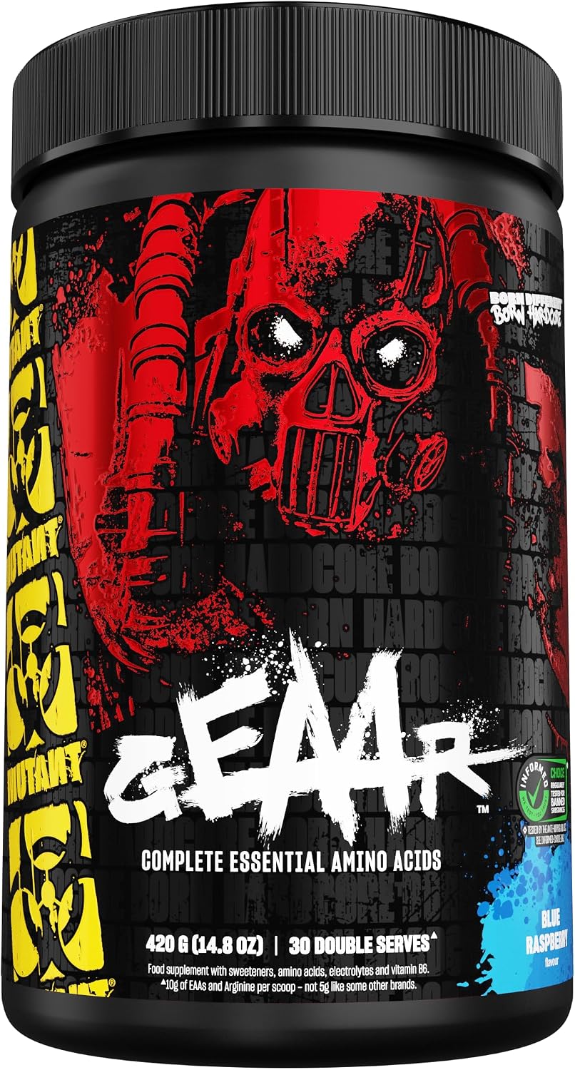 MUTANT GEAAR - 9.4g of EAA Powder + Arginine, 7g BCAAs, 4g Leucine, Electrolytes, Coconut Water, No Artificial Colours or Flavours, Delicious Taste - 30 servings - Blue RaspBerry - 378g