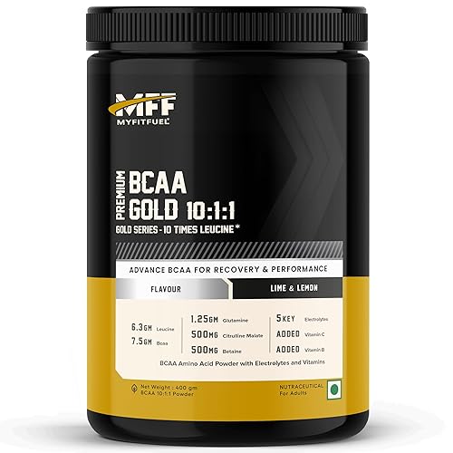 MyFitFuel BCAA Gold 10:1:1 (400g, Lime Lemon) 9g BCAA, 7.5g Leucine, 1g Citrulling, 1g Glutamin, 250mg Betain, 5 Electrolytes, Vitamin C & Vitamin B. BCAA Supplements For Intra Workout, Pre Workout
