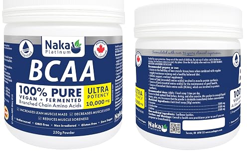 Naka Platinum BCAA, Ultra Potency 10,000mcg, 100% PURE, Vegan + Fermented, Branched Chain Amino Acids, Increase Lean Muscle Mass, Decrease Muscle Loss, Reduce Muscle Soreness (250g)