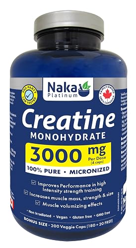 Naka Platinum Creatine Monohydrate Capsules — 100% Pure Micronized — 3g Per Dose — Supplement for Muscle Growth, Increased Strength, Enhanced Energy and Improved Athletic/Sports Performance — Vegan, Gluten-Free, Made in Canada — 50 servings — 200 vcaps