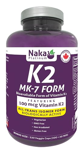 Naka Platinum K2 (MK-7 Form) Bioactive Vitamin K2 Supplement, 100mcg per Capsule, Supports Bone Health and Cardiovascular Health, Gluten Free, Vegan, GMO Free, Made in Canada, 330 Capsules