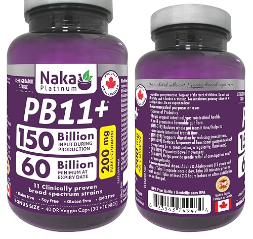 Naka Platinum PB11+ 150 Billion Input, 11 Probiotic Strains + 250 mg L-Glutamine, Support Gut Health and Digestive Function, Made in Canada (40 Delayed Release Capsules)