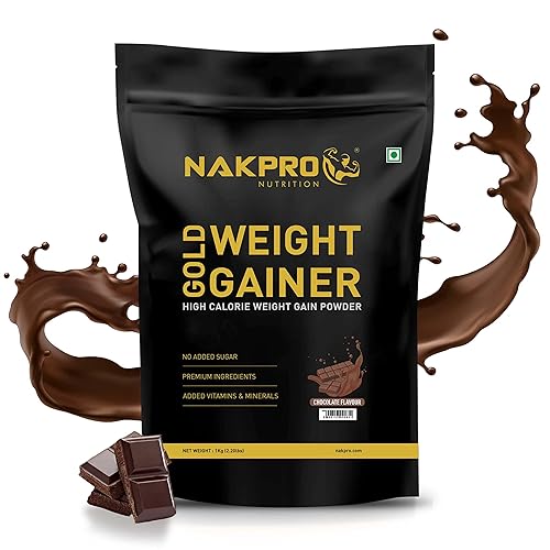 NAKPRO GOLD WEIGHT GAINER | High Carbs & High Calorie | 13g Protein, 80g Carbs |Added Vitamins & Digestive Enzymes|Easy Mixing, Digesting Powder for Men & Women | 1 Kg Chocolate Flavour (10 Servings)