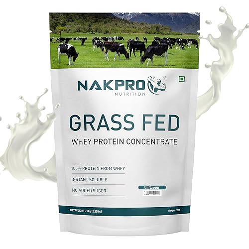 NAKPRO Grass Fed Whey Protein Concentrate | 28g Protein, 6.1g BCAA | Muscle Gain, Strength, Muscle Recovery Protein Powder for Men, Women & Athletes (1 Kg, Unflavoured)