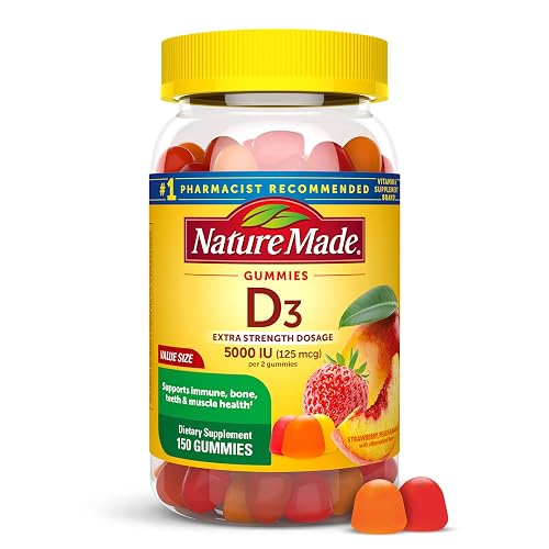 Nature Made Vitamin D3 5000 IU per Serving, 150 Vitamin D Gummies | Extra Strength Vitamin D Gummies for Adults for Immune, Bone, Teeth and Muscle Health Support, Fruit Flavors, 75 Day Supply