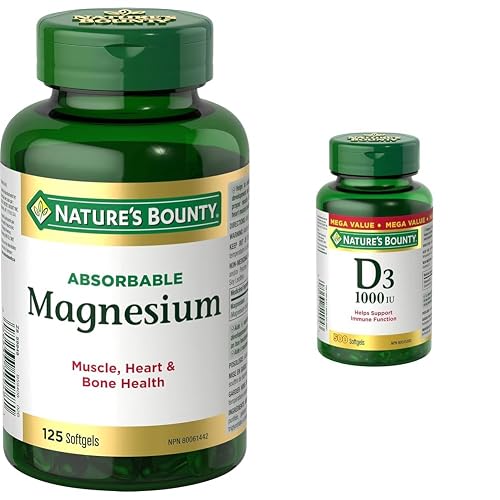 Nature's Bounty Absorbable Magnesium 400mg, Multi-coloured, 125 Softgels & Vitamin D3 Pills and Supplement, Helps Support Immune Function, 1000iu, 500 Softgels
