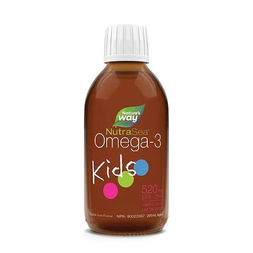 Nature's Way NutraSea Kids Omega 3 + Vitamin D Fish Oil Liquid Supplement for Kids Ages 1 to 14 – Bubblegum Flavour – Brain, Eye & Bone Support – EPA & DHA + GLA + D3, 200 mL