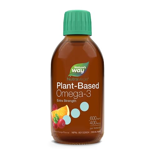 Nature's Way NutraVege Plant-based Omega-3 Extra Strength Vegetarian Liquid Supplement - 1000mg EPA + DHA - Cranberry Orange Flavour – Supports Healthy Heart, Eyes and Brain Function in Adults, 200 mL