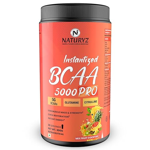 NATURYZ Instantized BCAA 5000 PRO |5G Vegan BCAAs | Glutamine | Citrulline | Electrolytes | 0 Added Sugar | Powerful Intra Workout Amino for Lean Muscle Growth, Strength, Quick Re-Hydration & Instant Energy - 300g(Mix Fruit Cocktail)