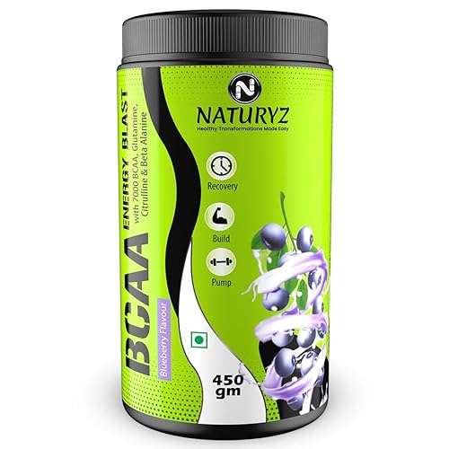 Naturyz Instantized BCAA Supplement with 7000 BCAA, Glutamine, Citrulline, Beta Alanine etc for Energy & Endurance - Pre, Post & Intra Workout Muscle Recovery (Blueberry Mojito) - 450Gms, Powder