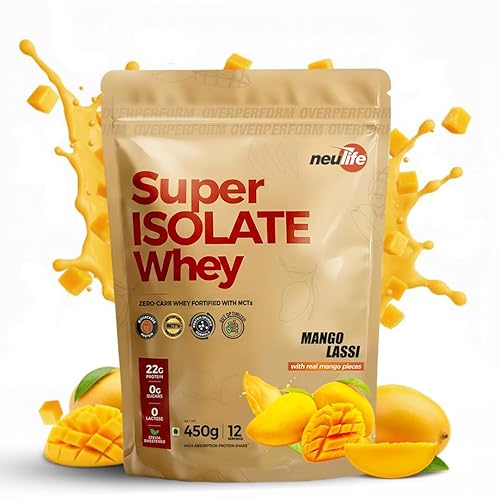 Neulife Super Isolate Whey Protein 450 g | Max Absorption Protein Shake with Patented Ketofuel MCTs | Mango Lassi with Real Fruit