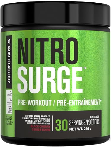NITROSURGE Pre Workout Supplement - Endless Energy, Instant Strength Gains, Clear Focus, Intense Pumps - Nitric Oxide Booster & Preworkout Powder with Beta Alanine - 30 Servings, Black Cherry