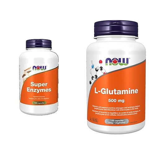NOW Foods Super Enzymes 180cap + NOW Supplements L-Glutamine 500mg Capsules (120 Count)