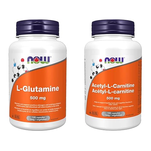 NOW Supplements L-Glutamine 500mg Capsules (120 Count) + Acetyl L-Carnitine 500mg (100 Vcaps)